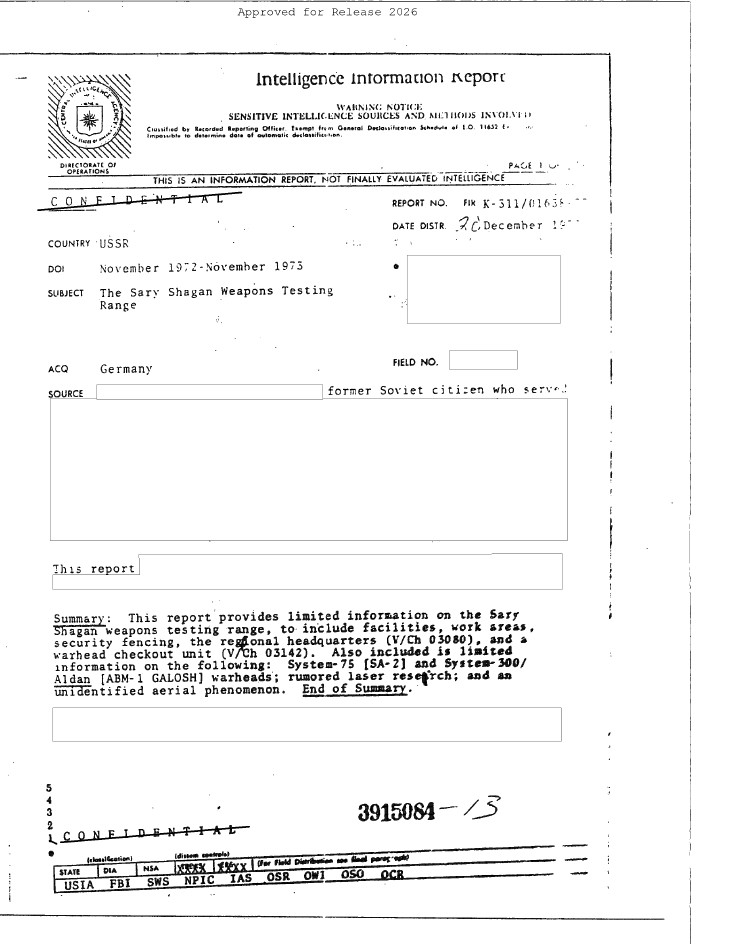 CIA-UAP-D001, Intelligence Information Report, USSR, 1973