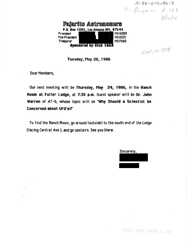 DOE-UAP-D003, Pajarito Astronomers Invitation, 1986