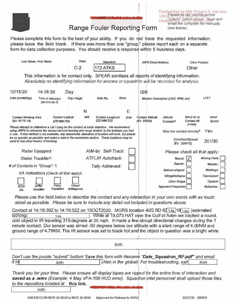 DOW-UAP-D044, Range Fouler Reporting Form, Gulf of Aden, October 2020