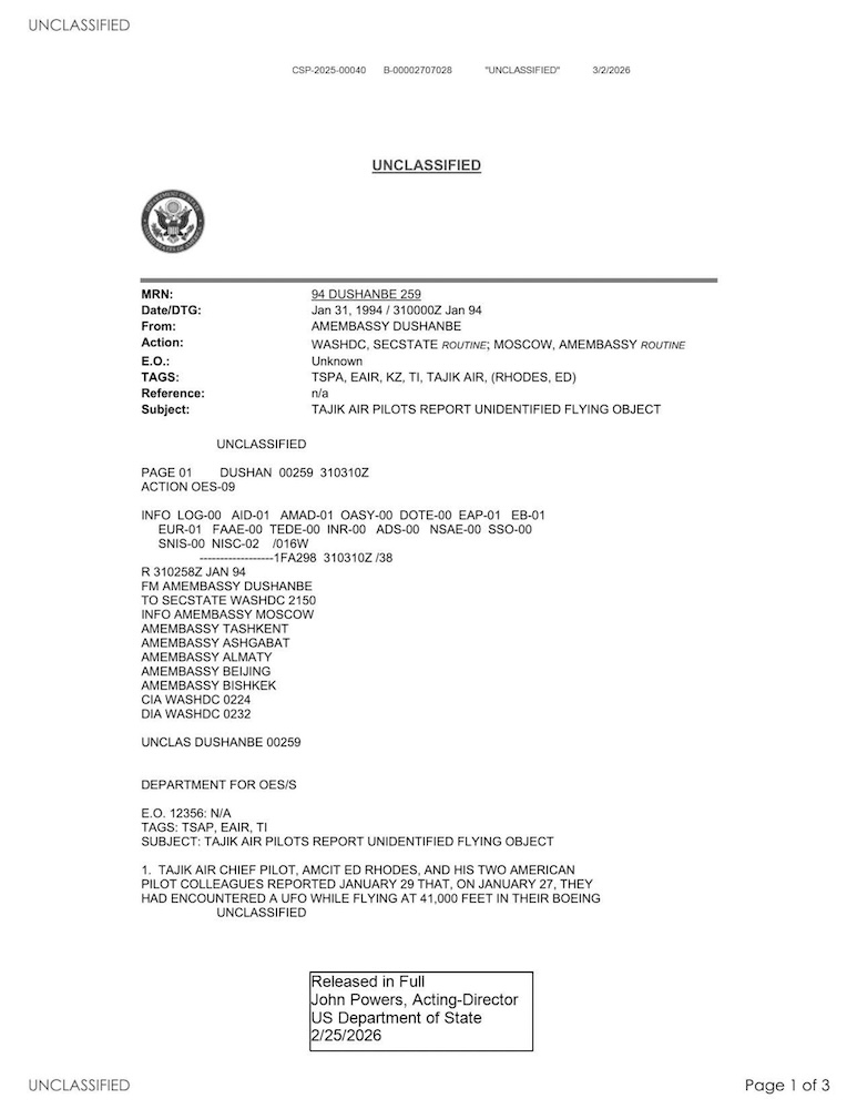 State Department UAP Cable 002, Kazakhstan, January 31, 1994